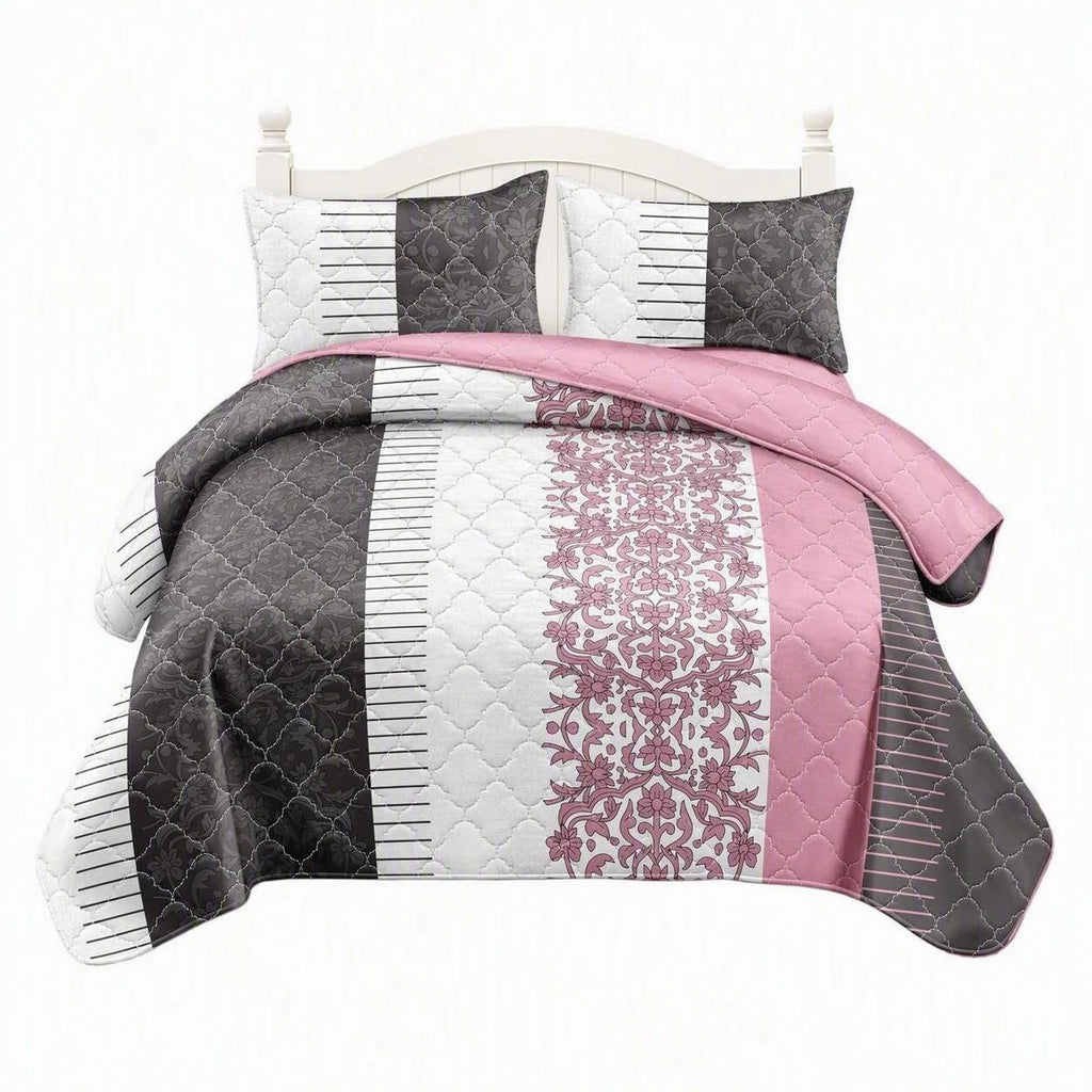 3-Piece noir blanc et rose Floral couvre-lit matelassé pour le roi de Californie