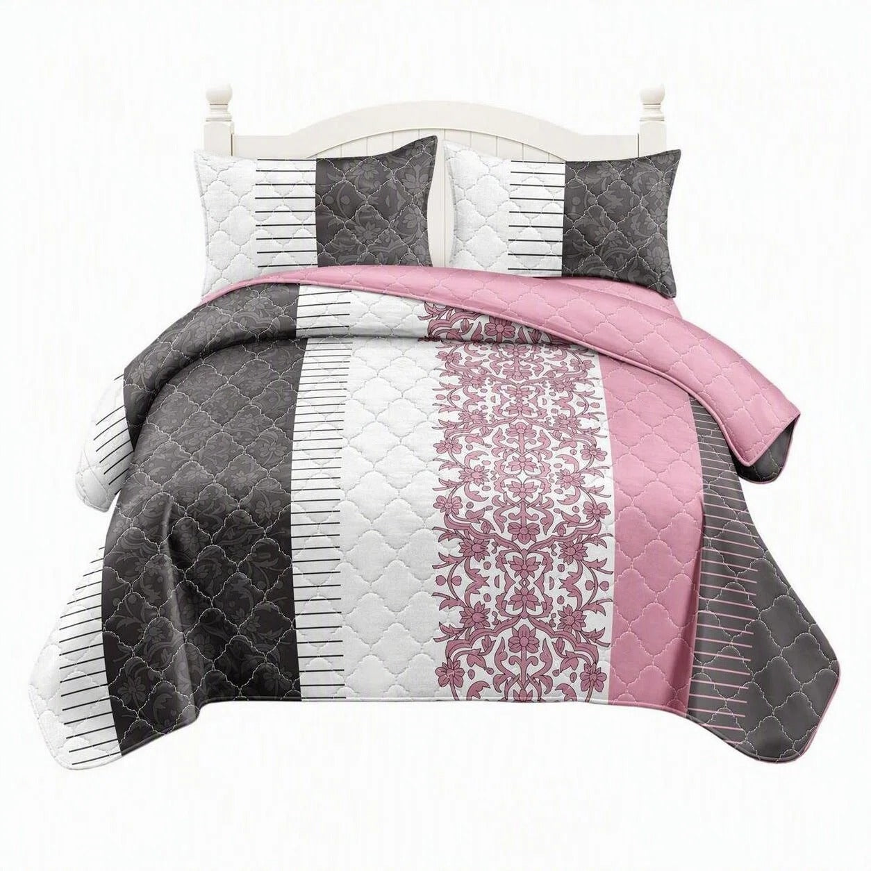 3-Piece noir blanc et rose Floral couvre-lit matelassé pour le roi de Californie