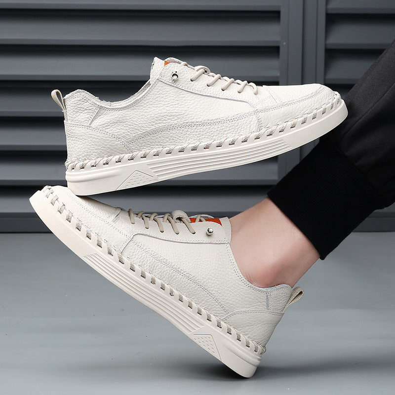 Sneakers en cuir véritable polyvalent couleur solide pour hommes