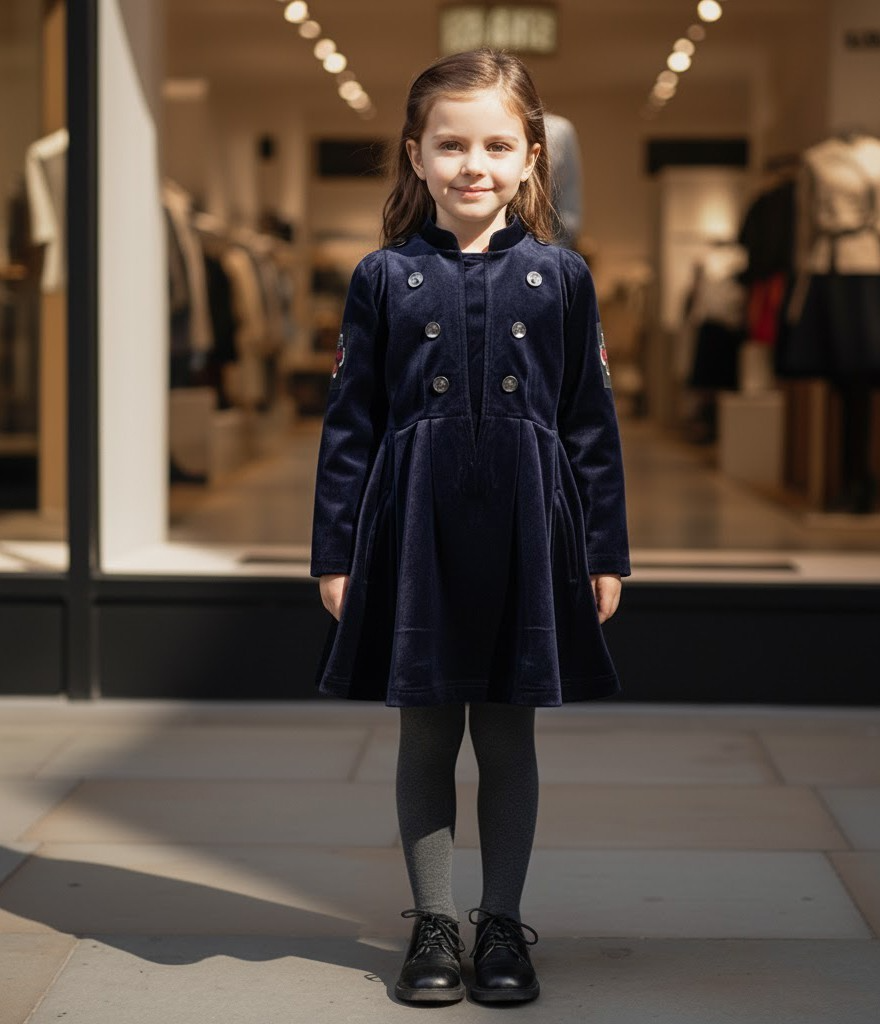 Robe de trench en velours bleu marine vintage fille 3-4-5 Y