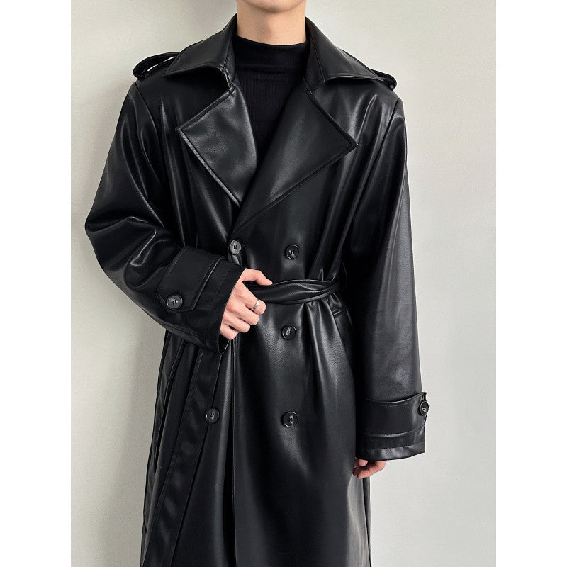 Manteau de tranchée longue en cuir à double bras pour hommes