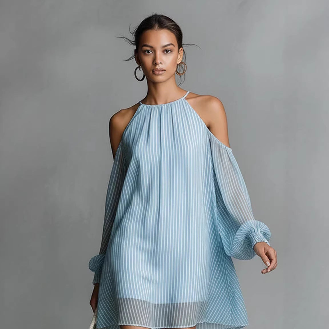 Robe courte à manches longues rayée pour femmes