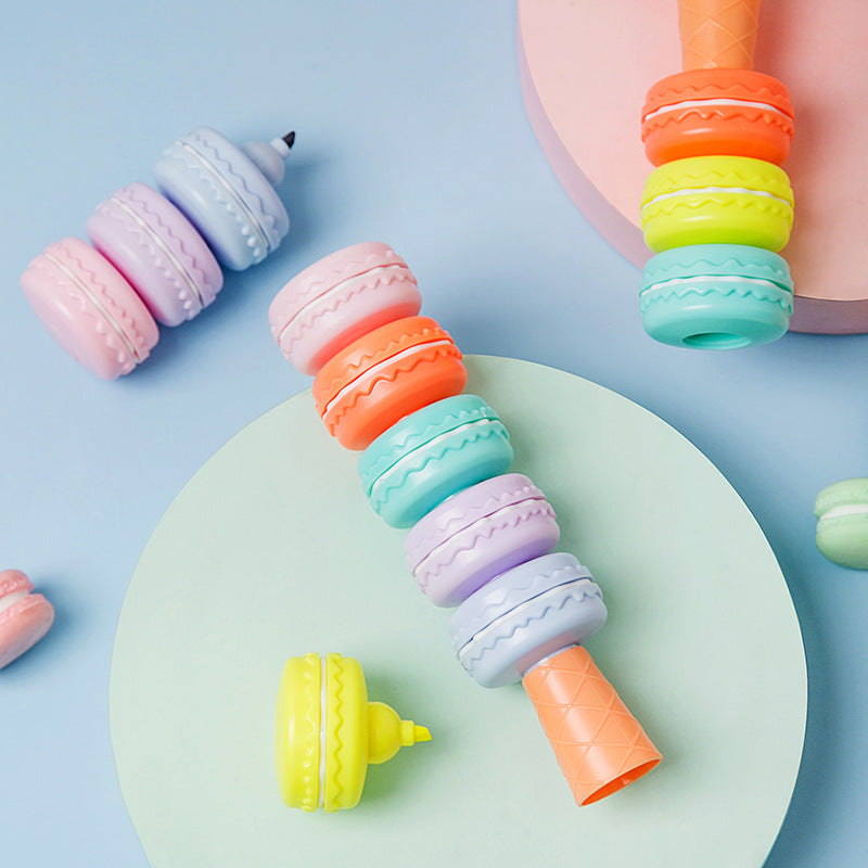 6pcs Nouveauté Cookie Highlighter stylo ensemble Macaron Cake Marqueur de couleur fluorescente Liner