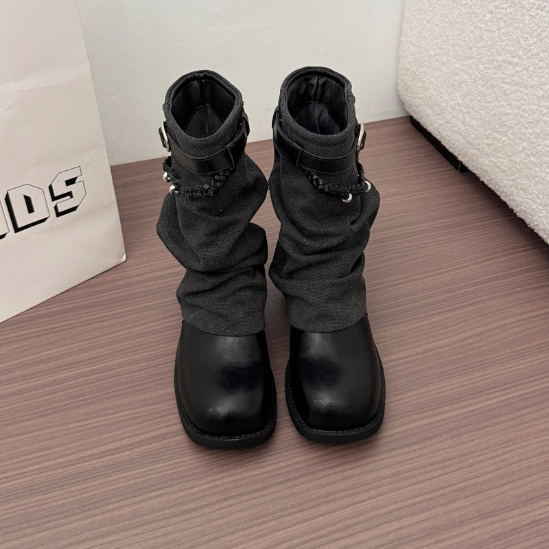 Style Vintage Block Talon plissé Pantalons Tube Bottes Femmes Automne Arrivée Trendy Fashion Boo