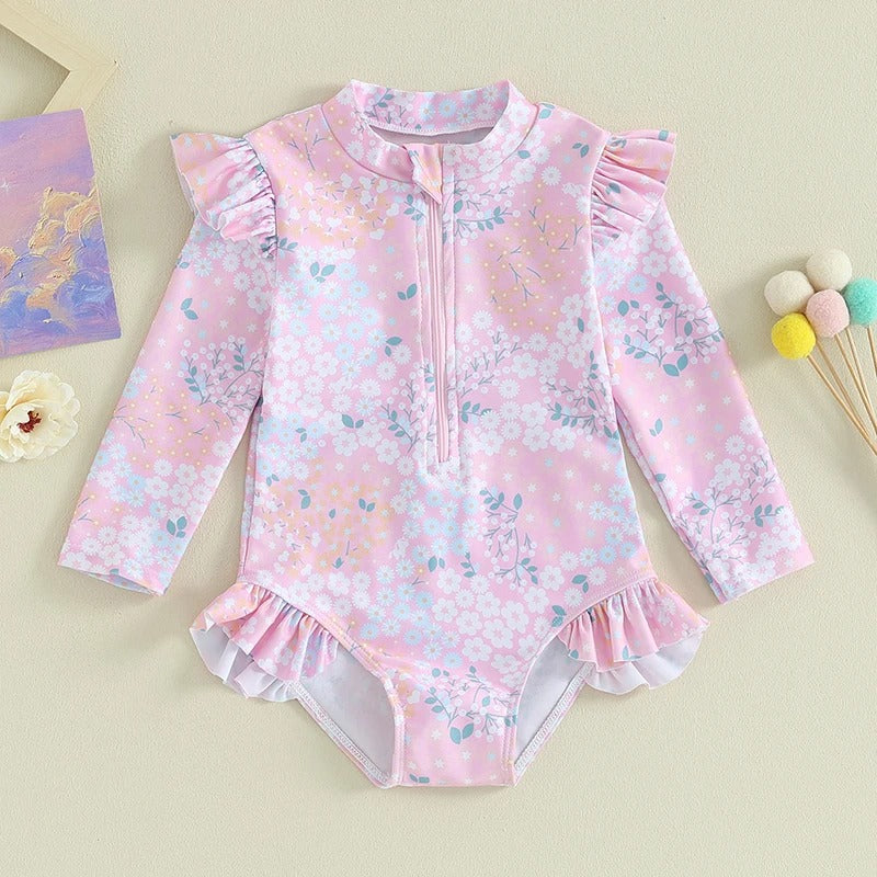 Bébé 9M-5Y Tout-petit Enfant Fille Maillot de bain Ruffle Floral Imprimer manches longues Zipper Swimwe