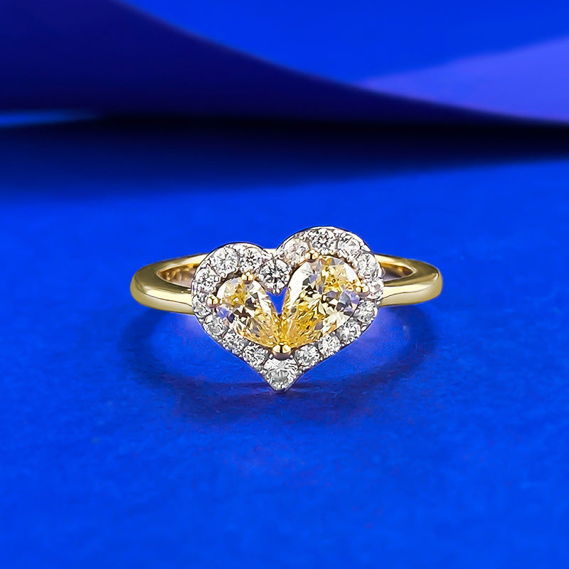 S925 Silver Pear-shaped Yellow Diamond Heart-shaped Ring For Women