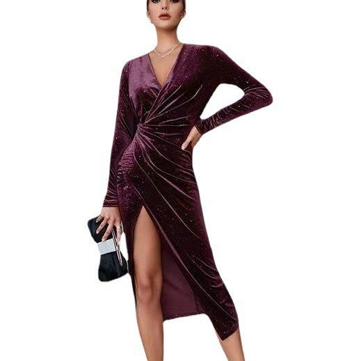 Robe de soirée Sexy Jambe exposée manches longues Robe mi-long Robe de boîte de nuit en velours doré