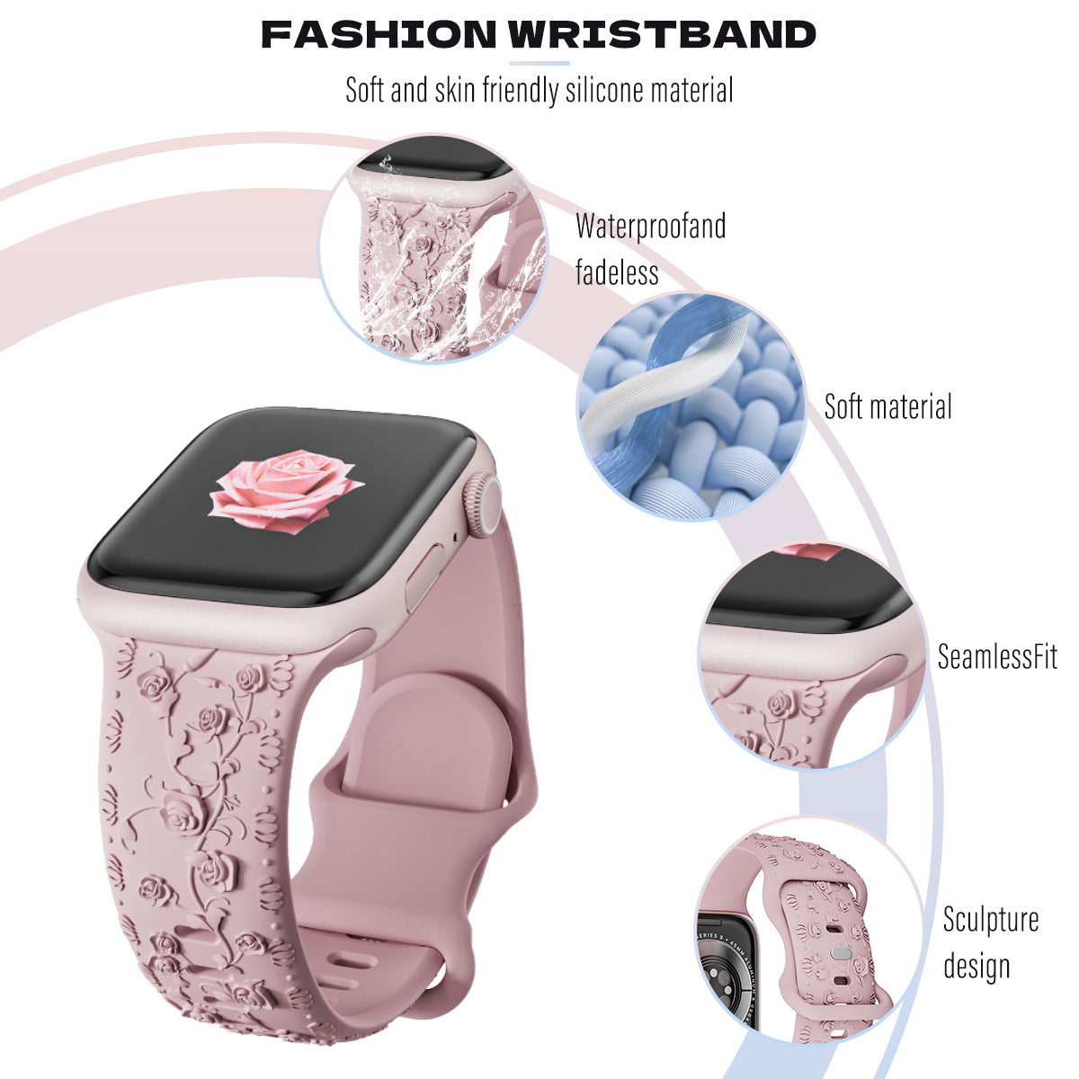 Bracelet de montre en silicone rose embossé