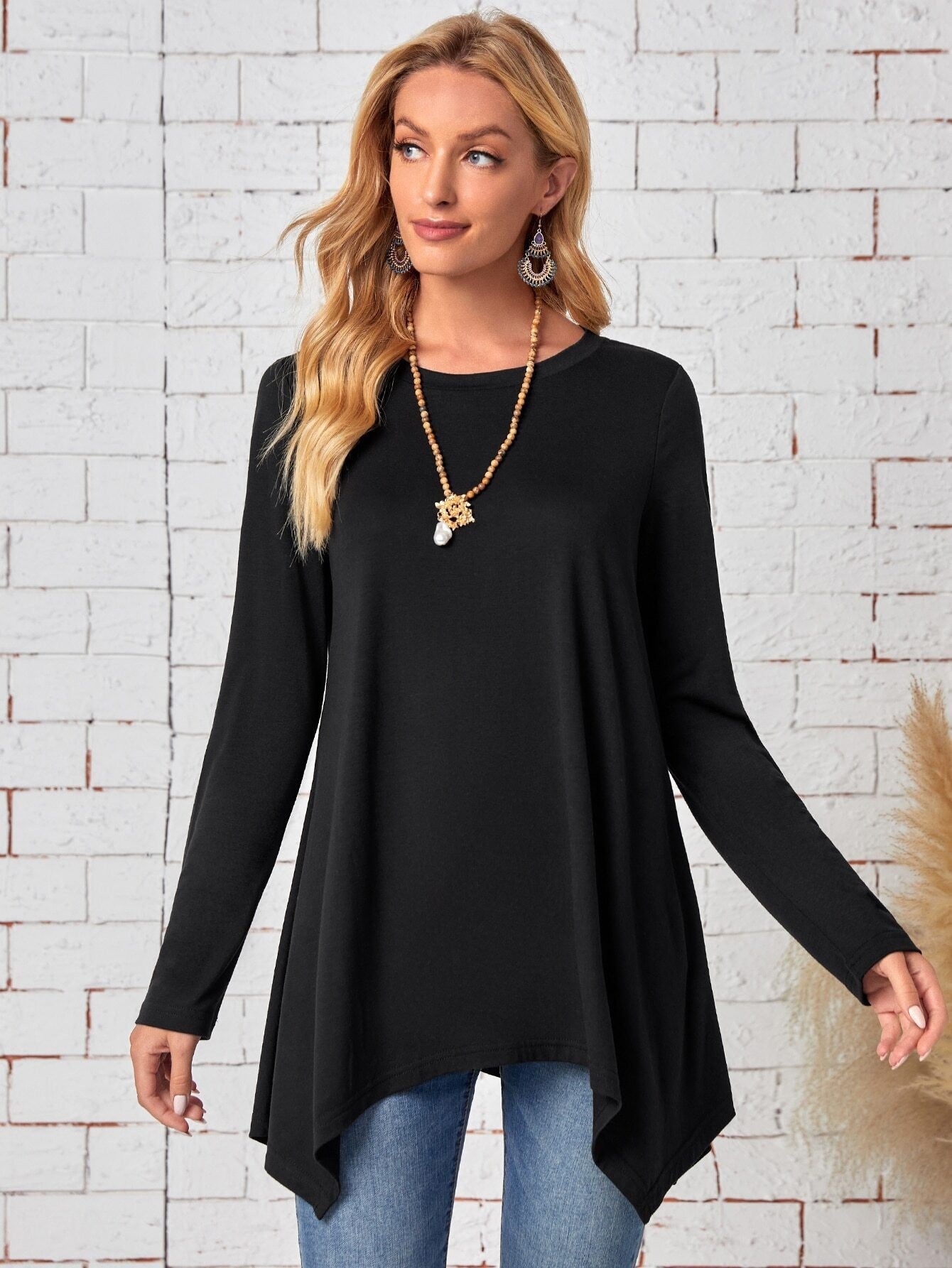 Robe solide manches longues Irrégulier de mode rond cou Top vêtements pour femmes