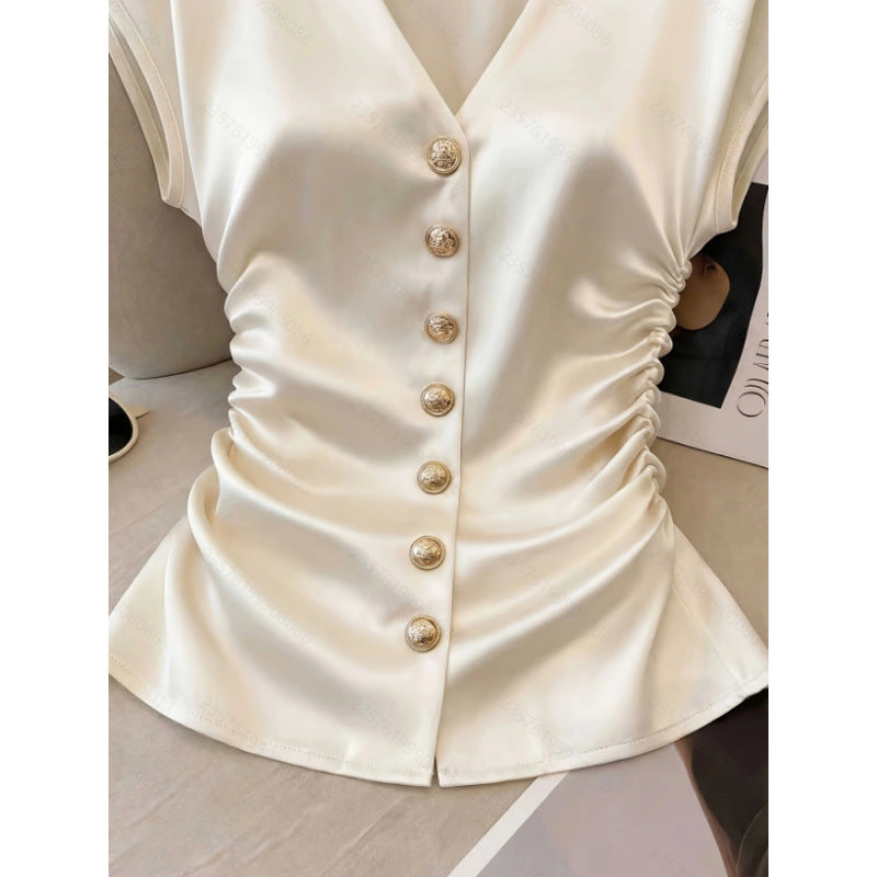Chemise à plis satiné en V-col de couleur solide pour femmes