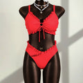 Maillot de bain rouge à deux pièces pour femmes Haute-Taille avec volant
