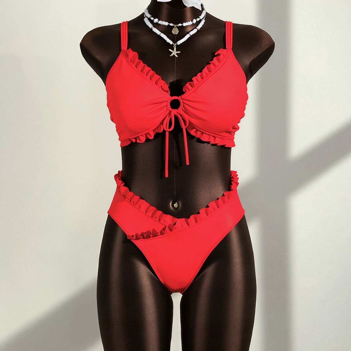 Maillot de bain rouge à deux pièces pour femmes Haute-Taille avec volant