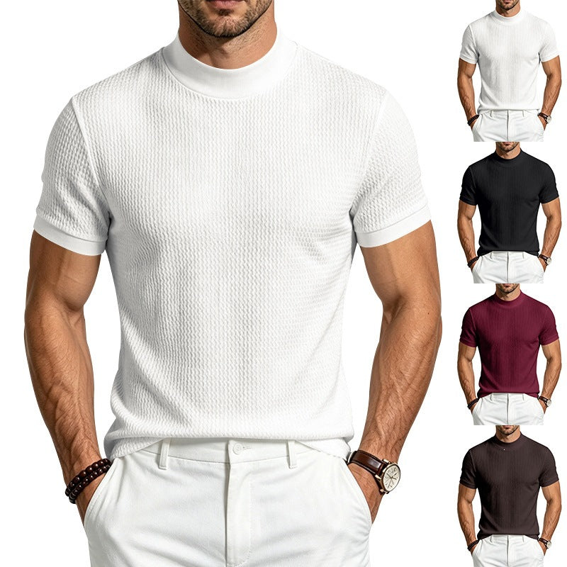 Men's Casual Jacquard Ribbon Texture Mock Neck Short Sleeve Top