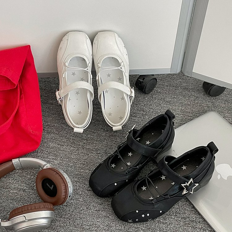 White Star Broderie Mary Jane Appartements Femmes Square Toe Buckle Strap Ballet Chaussures plates