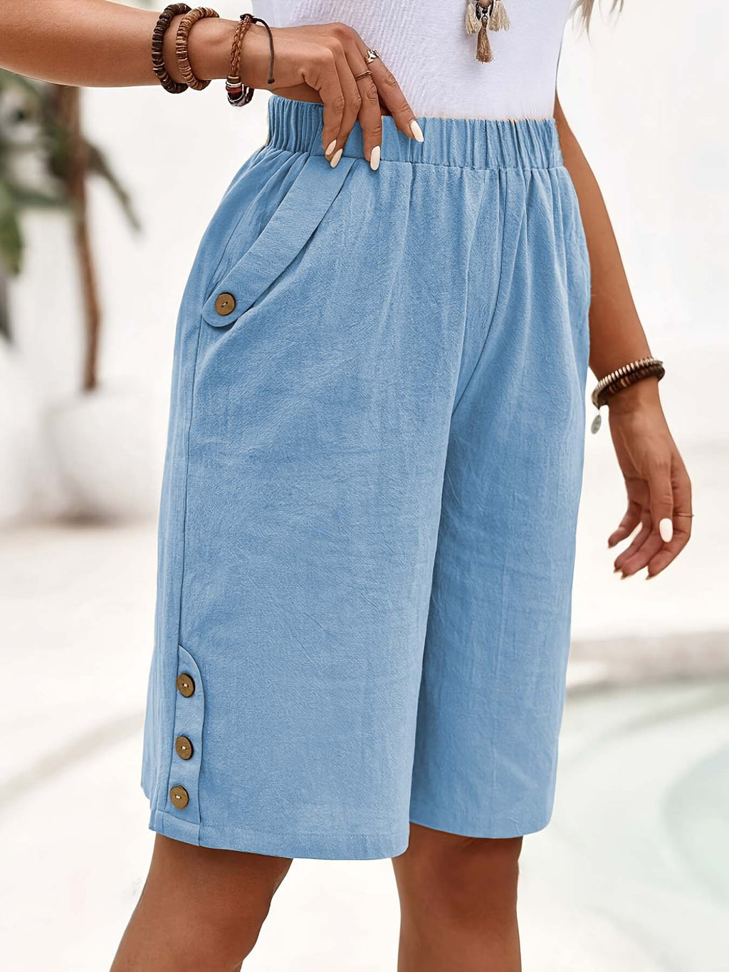 Short en coton et en lin Pantalons à cinq points European and American Women's Solid Color Casual