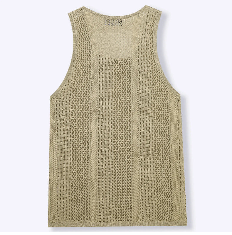 Été hommes sans manches Knit Hollow-out Deep U-Neck Casual Tank Top