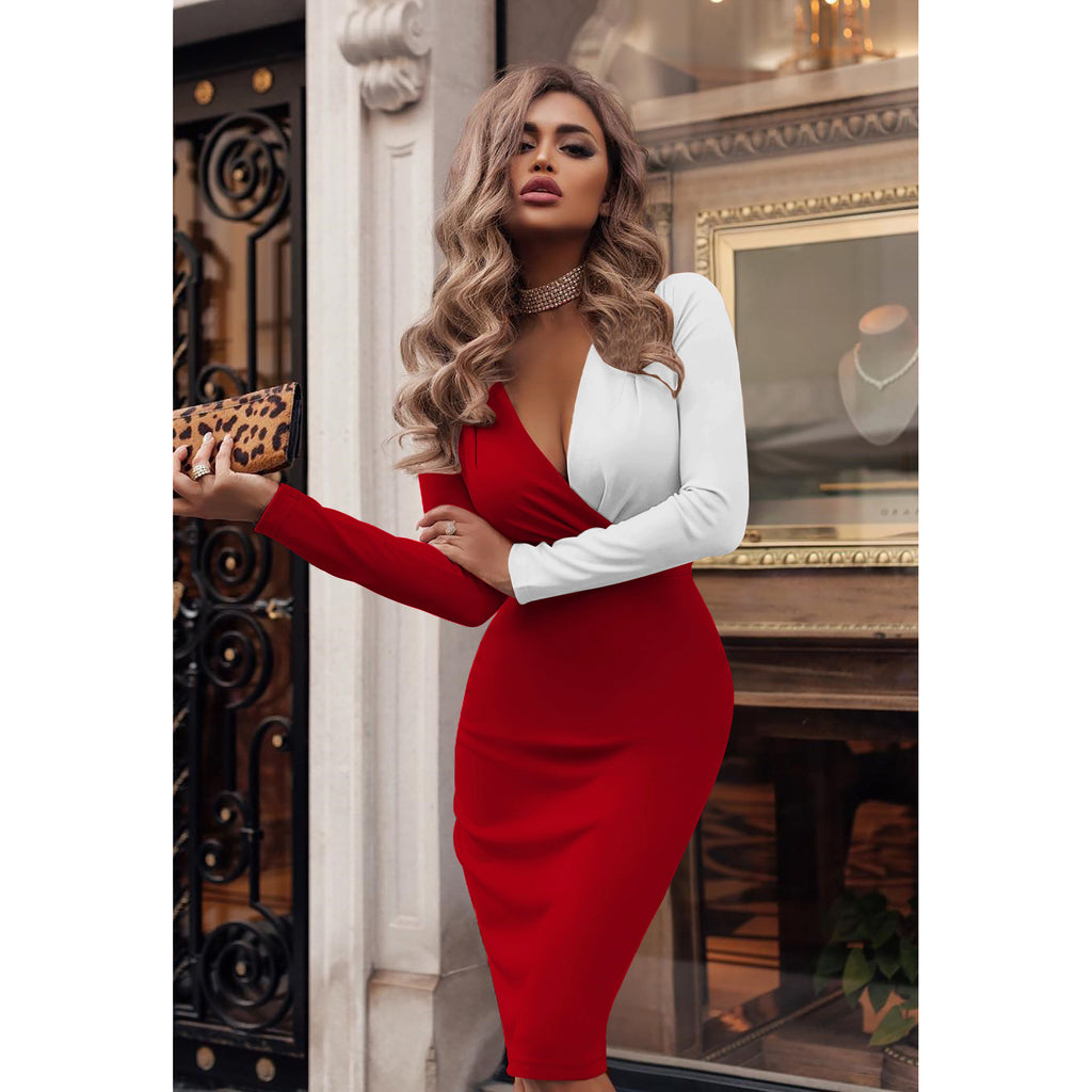 Jupe européenne et américaine Deep V Plied Colorblock Hip