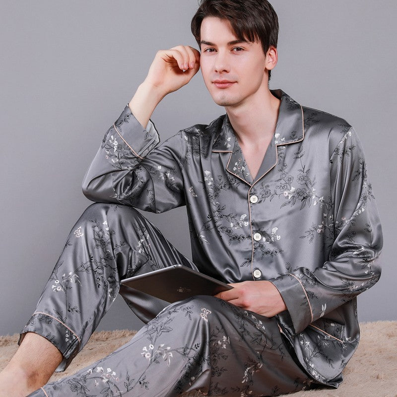 Pyjama pour hommes Silk Spring Long Sleeve Print Cardigan Printemps et Automne Loisirs Ice Silk Ho