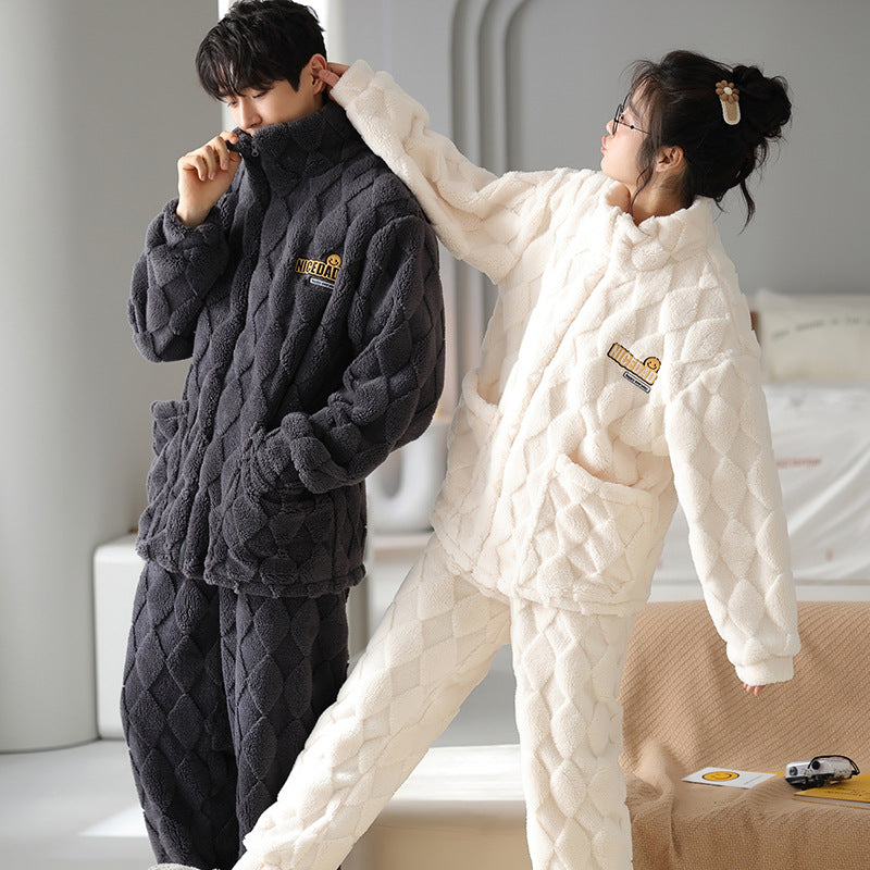 Couple Flannel Pyjamas hommes automne et hiver épais garder chaud zipper Cardigan mignon Co