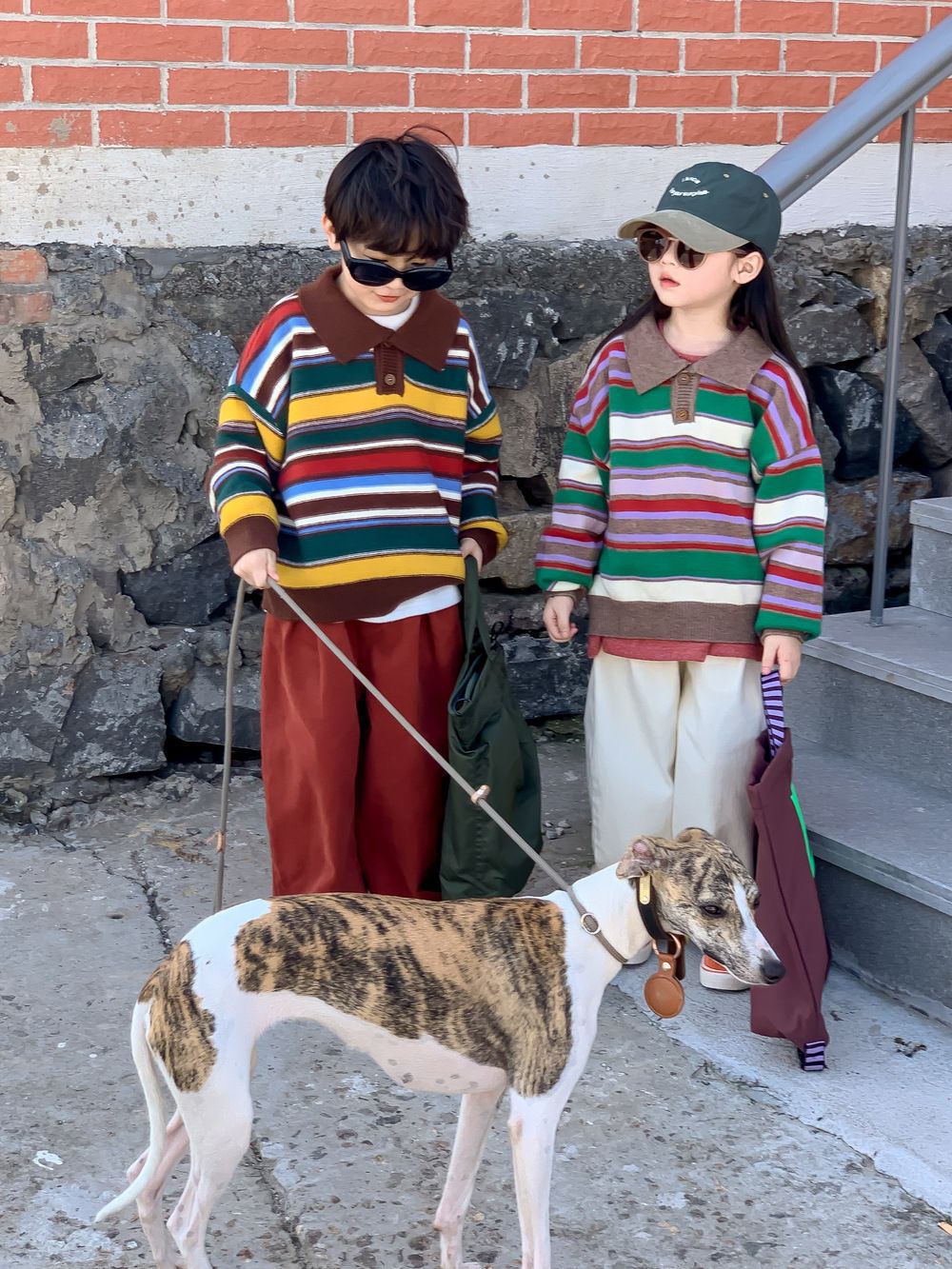 Autumn Garçons et Filles Style Coréen Polo Collar Stripes tricoté Top