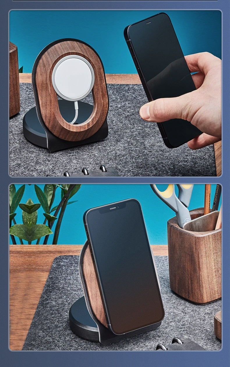 Noyer Magsafe Support de charge magnétique sans fil Téléphone mobile Base en bois massif