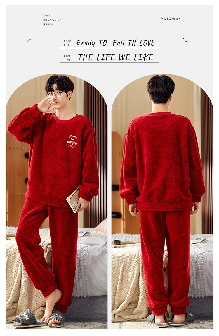 Pyjamas de velours de corail d'hiver hommes thicken thermique pullover rond cou Flannel maison porter