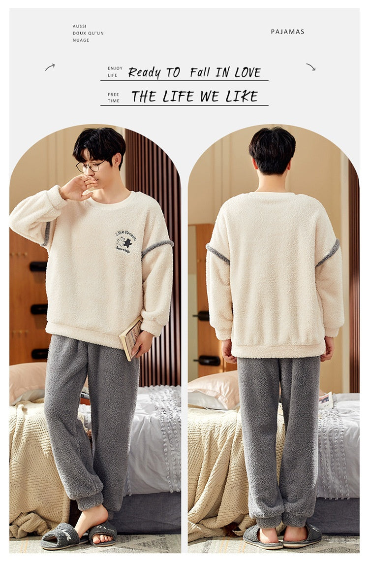 Pyjamas de velours de corail d'hiver hommes thicken thermique pullover rond cou Flannel maison porter