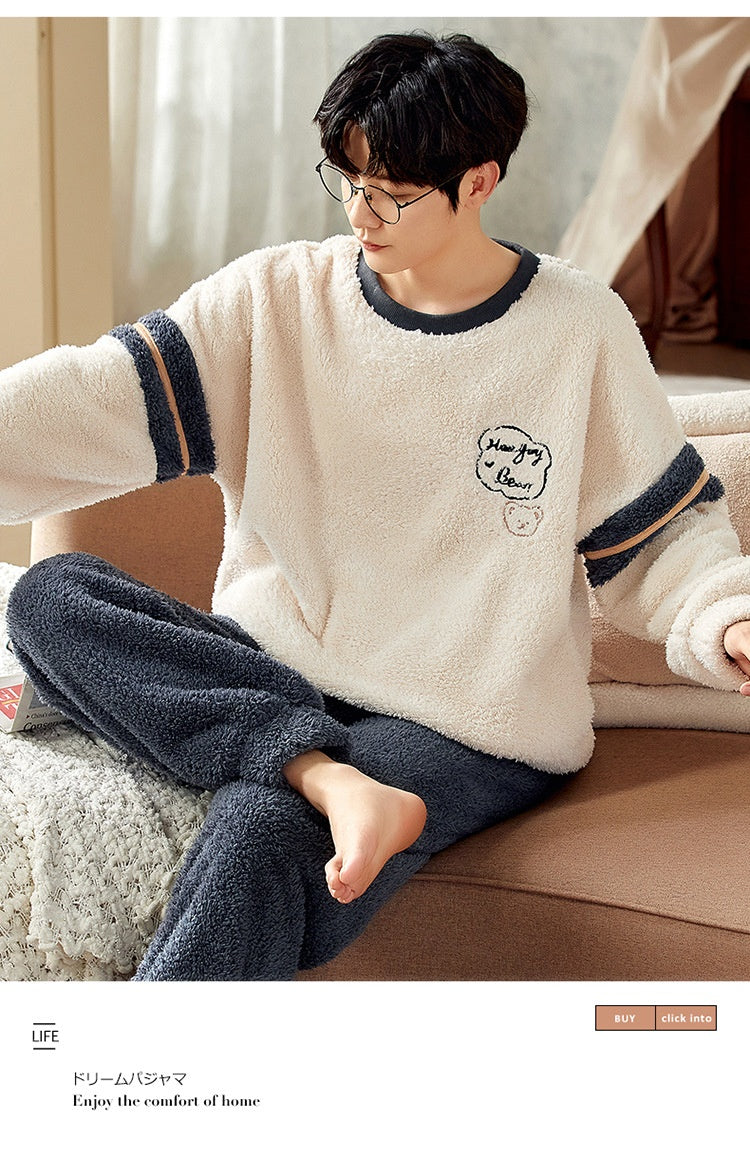 Pyjamas de velours de corail d'hiver hommes thicken thermique pullover rond cou Flannel maison porter