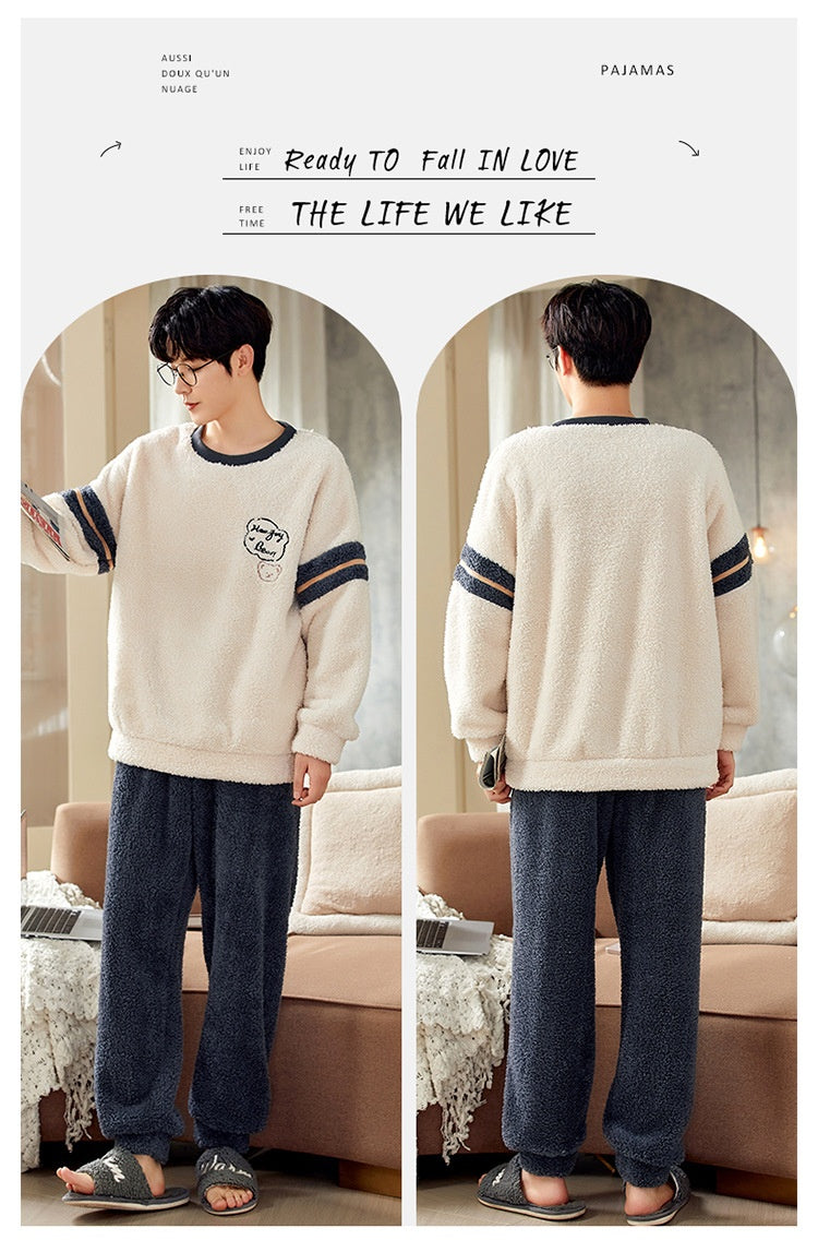 Pyjamas de velours de corail d'hiver hommes thicken thermique pullover rond cou Flannel maison porter