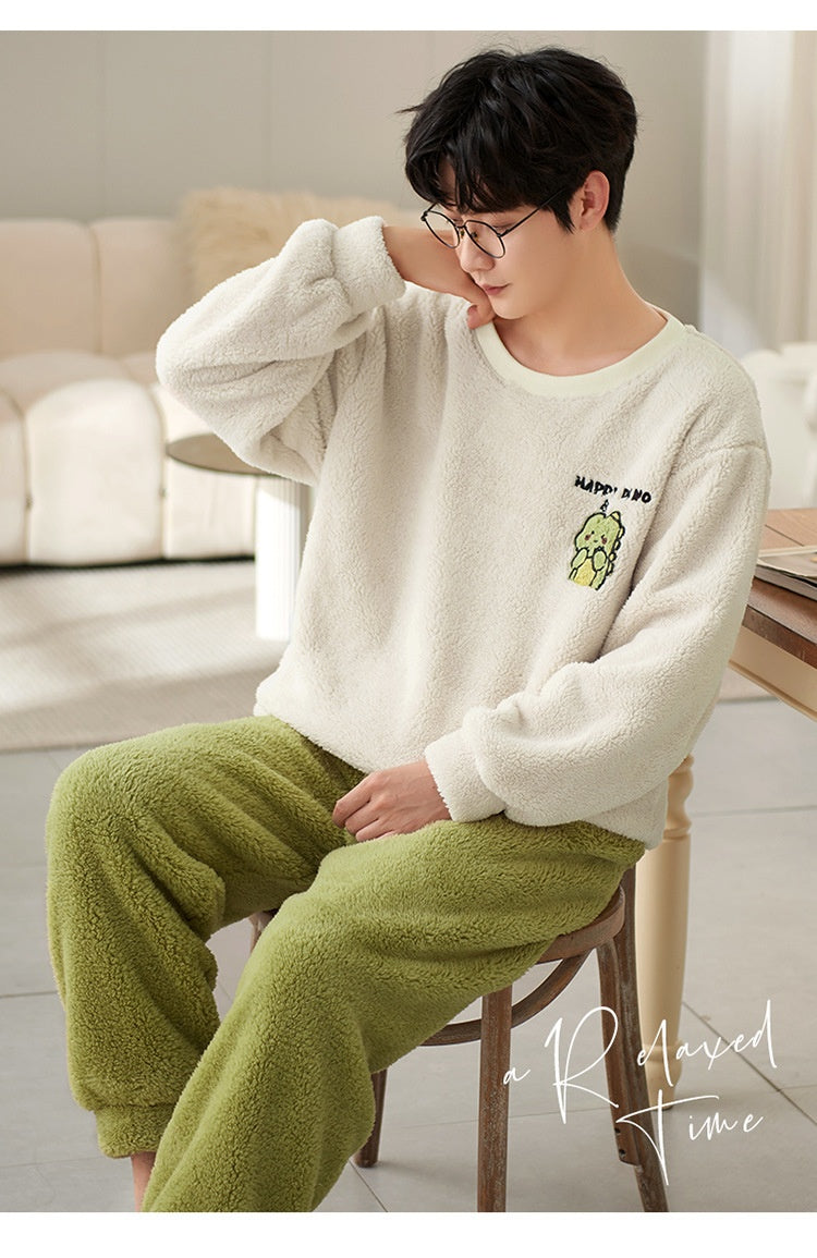 Pyjamas de velours de corail d'hiver hommes thicken thermique pullover rond cou Flannel maison porter