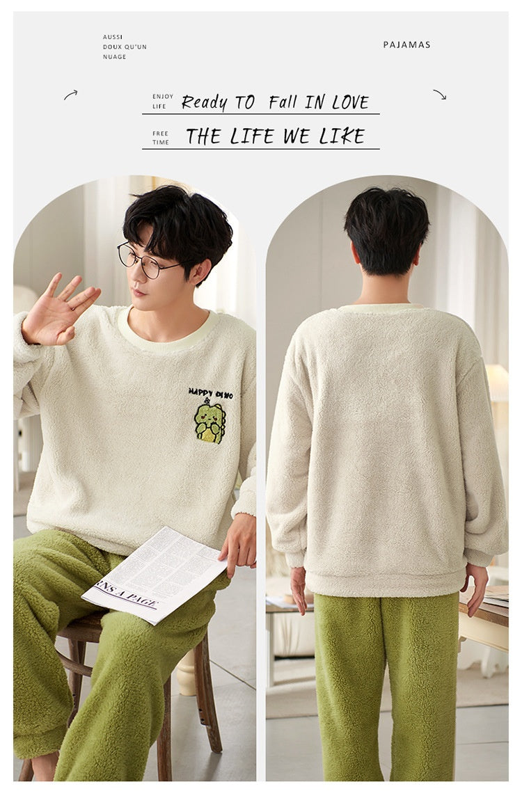 Pyjamas de velours de corail d'hiver hommes thicken thermique pullover rond cou Flannel maison porter
