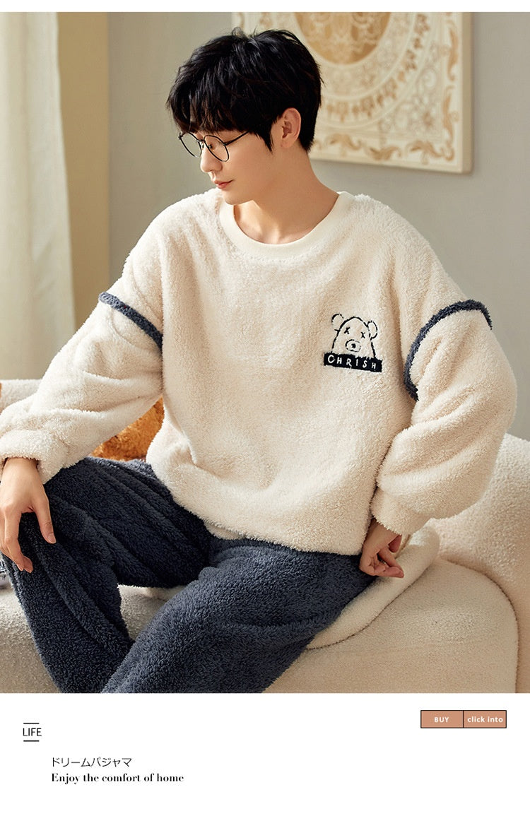 Pyjamas de velours de corail d'hiver hommes thicken thermique pullover rond cou Flannel maison porter