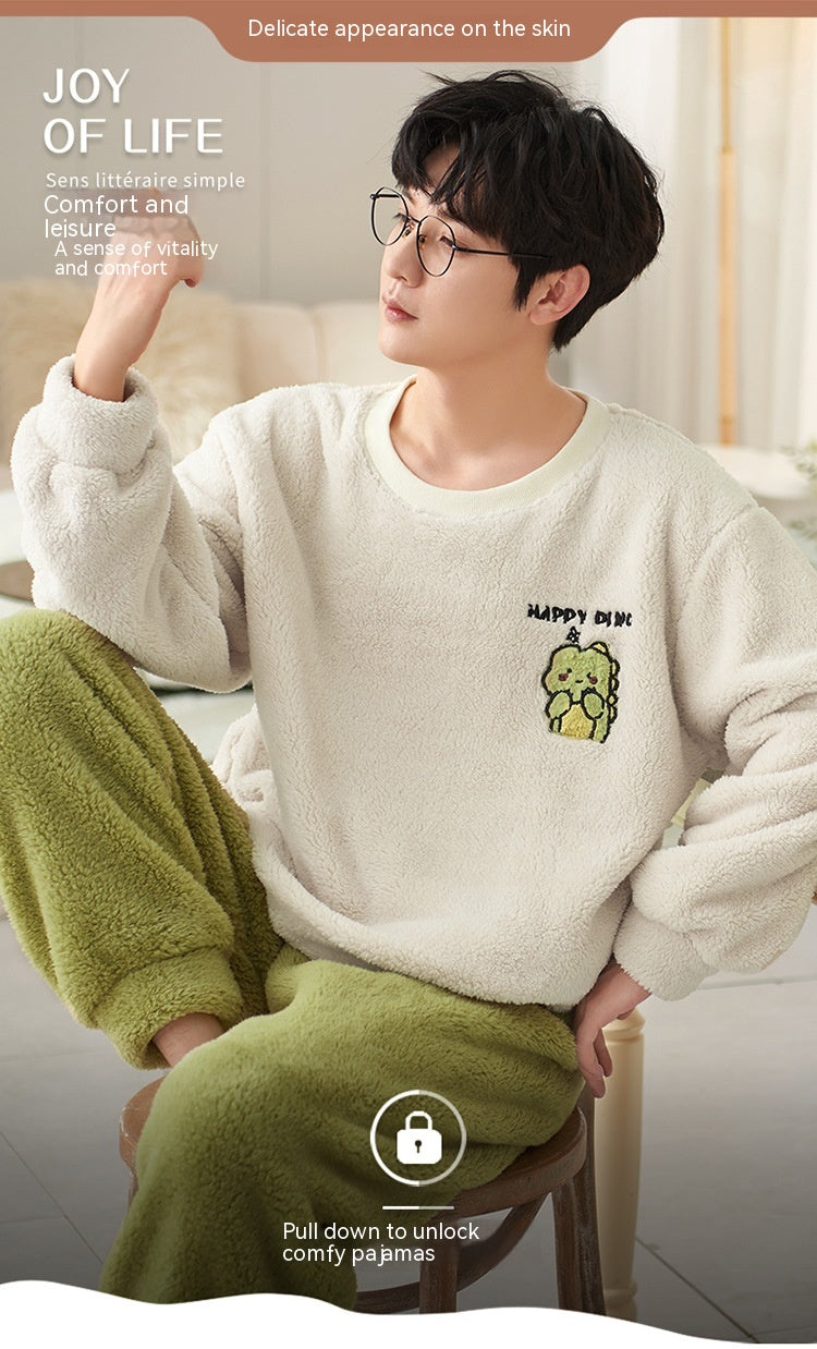 Pyjamas de velours de corail d'hiver hommes thicken thermique pullover rond cou Flannel maison porter