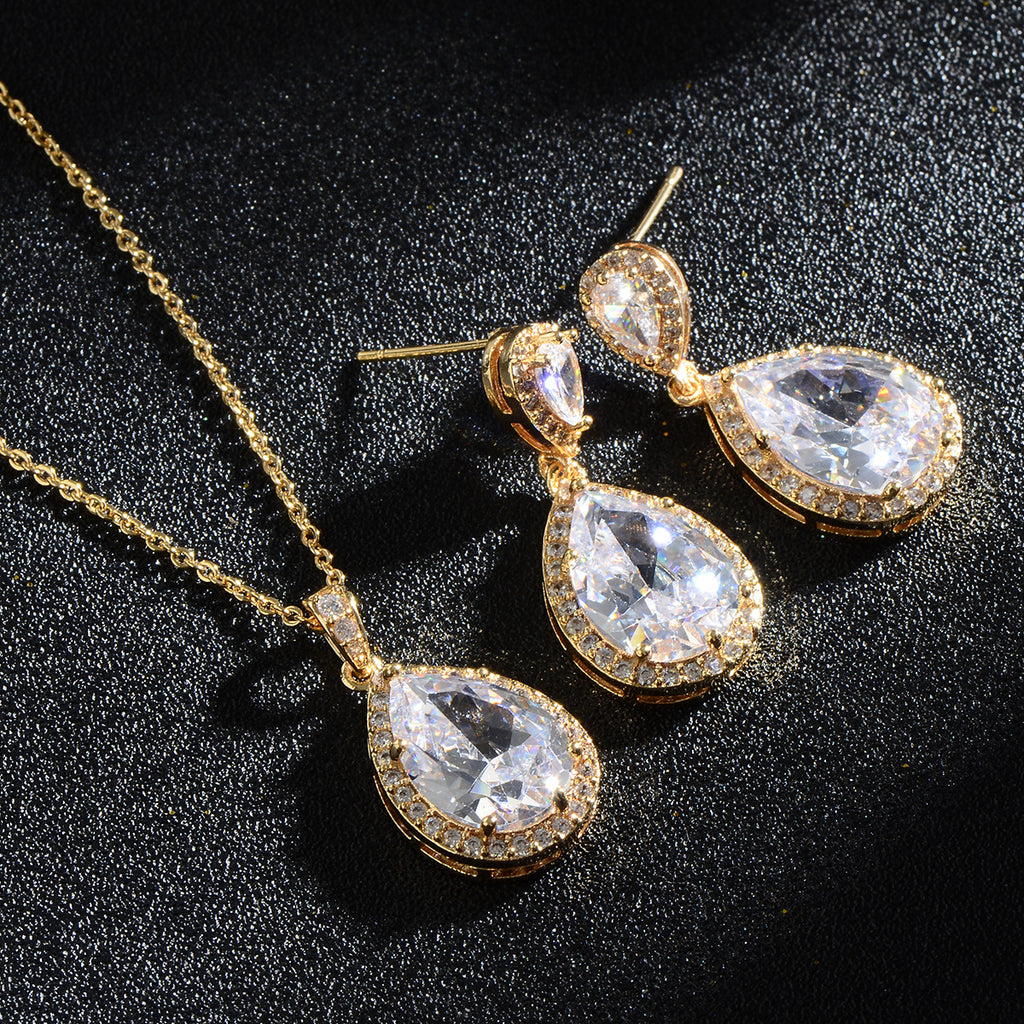 Bright Big Zircon gouttes d'eau Collier Eardrops costume mariée bijoux de mariage simple grâce