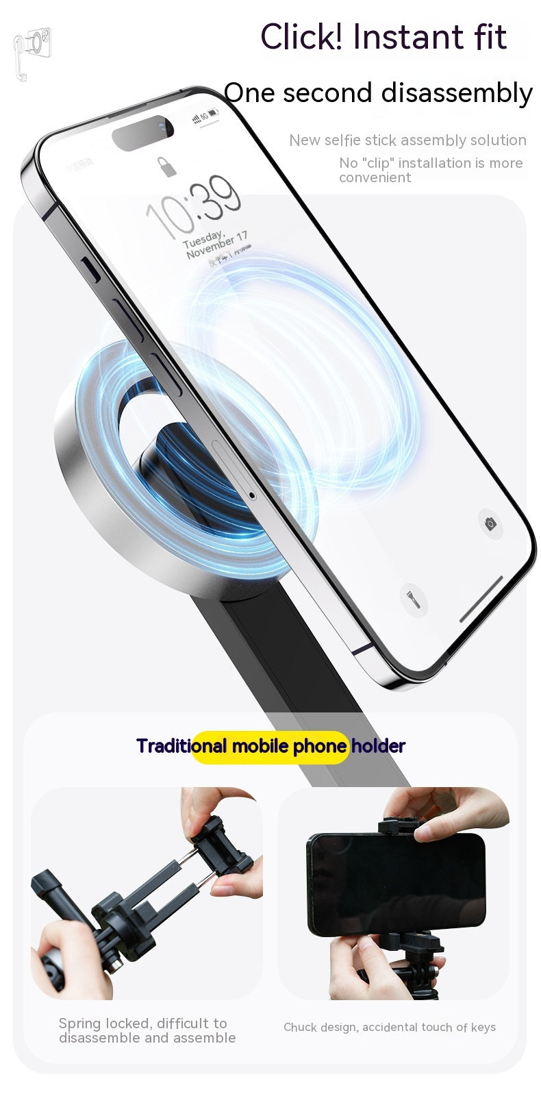 Magnetic Mobile Phone Mini Selfie Stick Bluetooth Télécommande Alliage d'aluminium