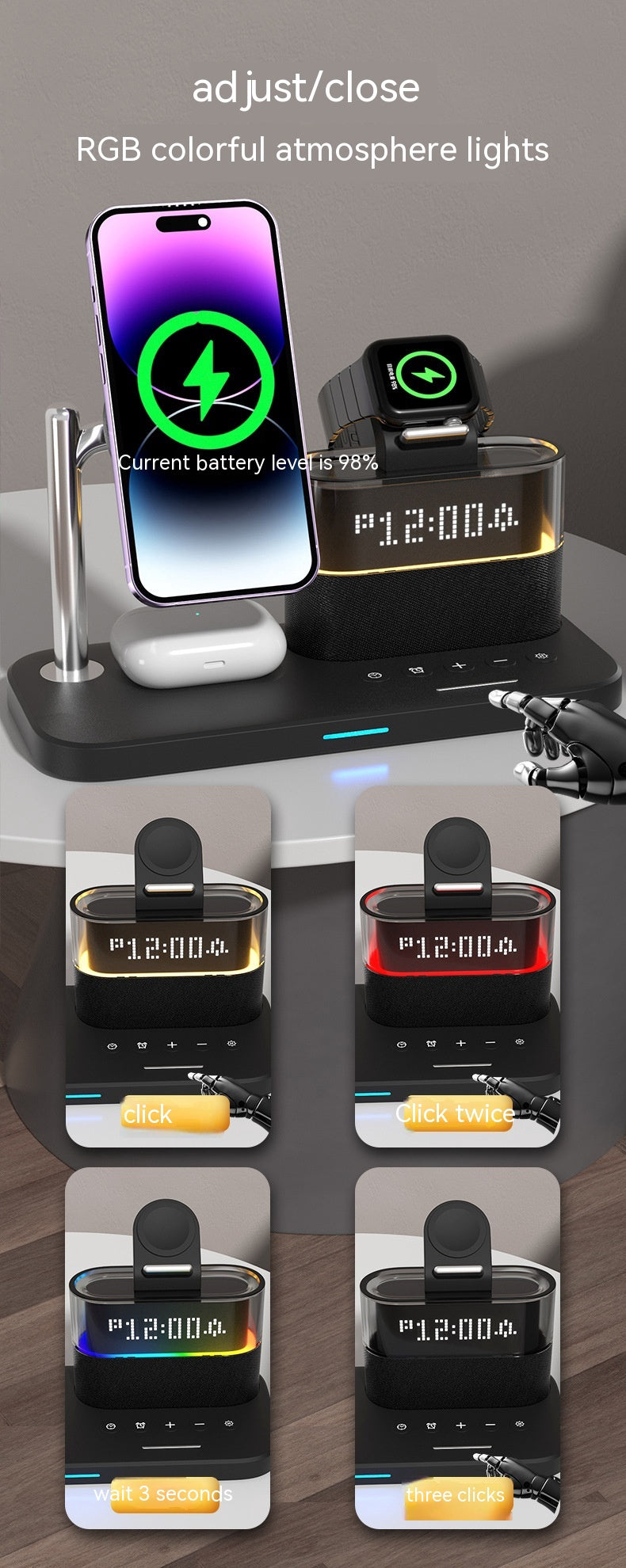Chargeur magnétique de petite lampe de nuit sans fil avec réveil Trois en un