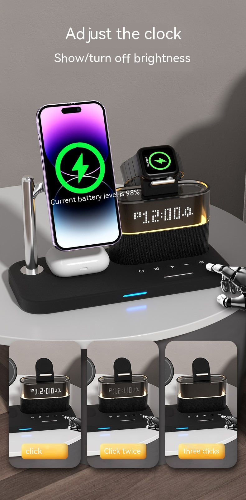 Chargeur magnétique de petite lampe de nuit sans fil avec réveil Trois en un