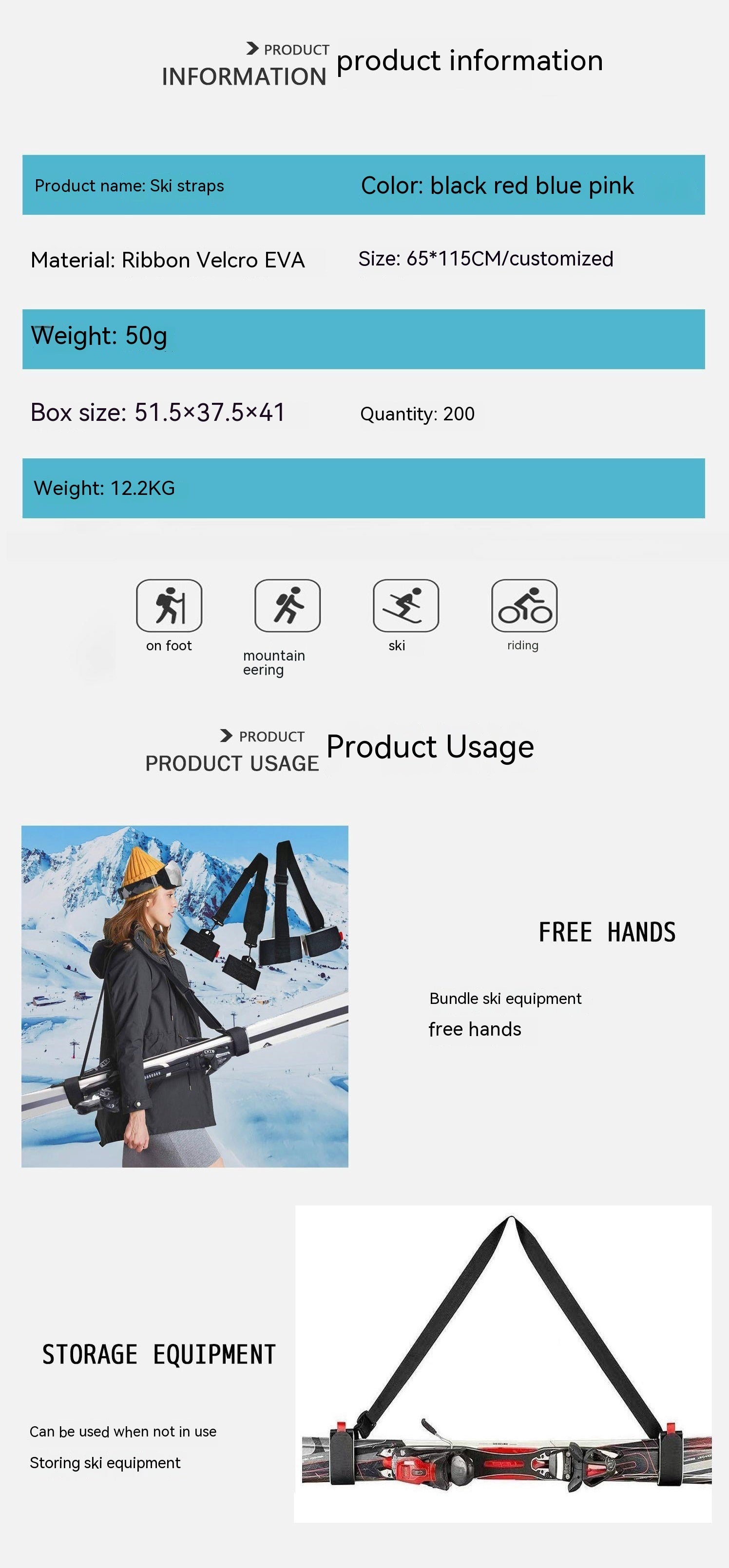 Bande de ski à couture fixe Bracelet à épaule réglable en double planche portable