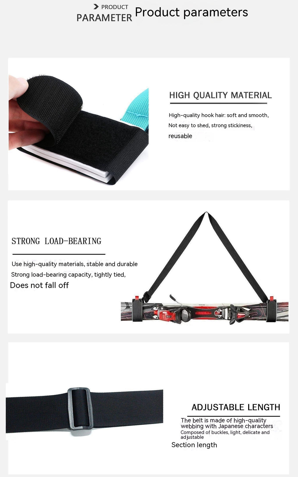 Bande de ski à couture fixe Bracelet à épaule réglable en double planche portable