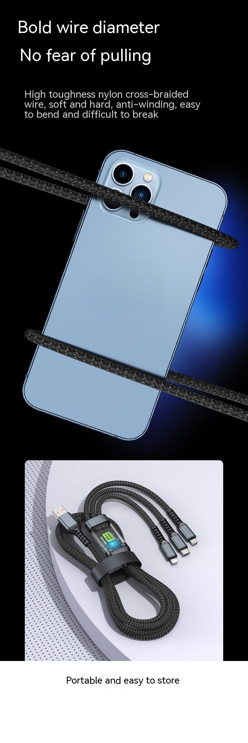 Téléphone portable 3-en-un avec câble de données léger 6A Super Fast Charge