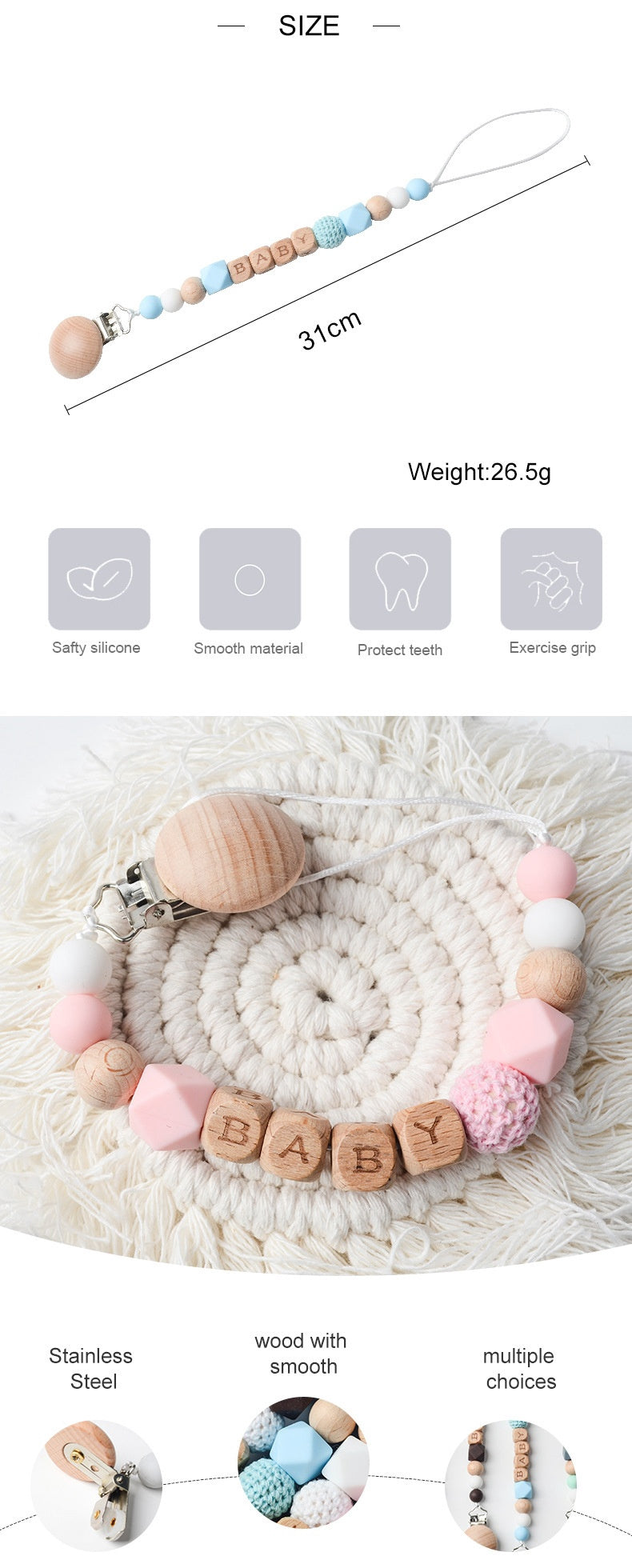 Pacificateur de hêtre Clip Silicone Octagonal Perles Laine Crochet Pacifier Clip
