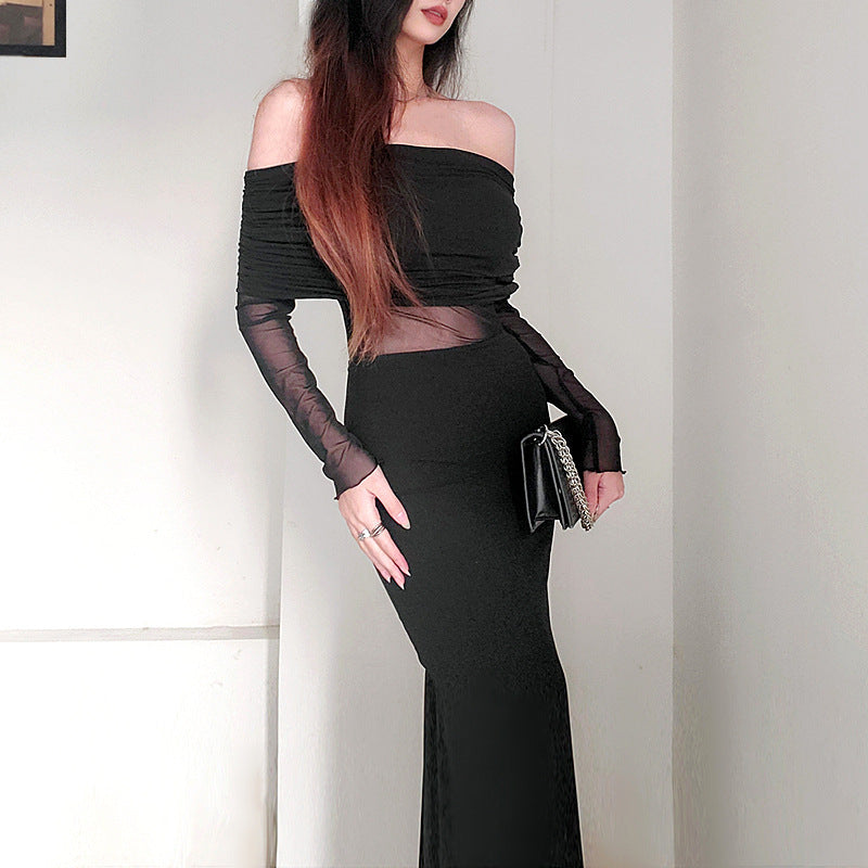Robe de polyester à manches longues plissées pour femmes en hiver sexy