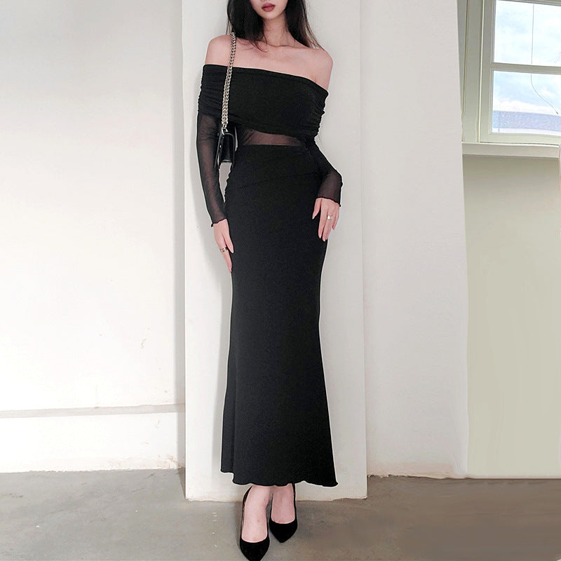 Robe de polyester à manches longues plissées pour femmes en hiver sexy