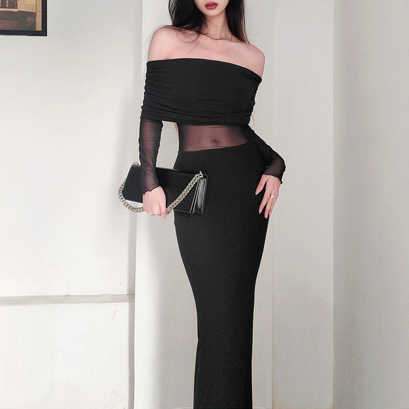 Robe de polyester à manches longues plissées pour femmes en hiver sexy