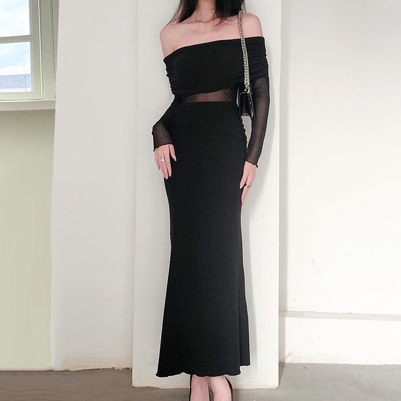 Robe de polyester à manches longues plissées pour femmes en hiver sexy