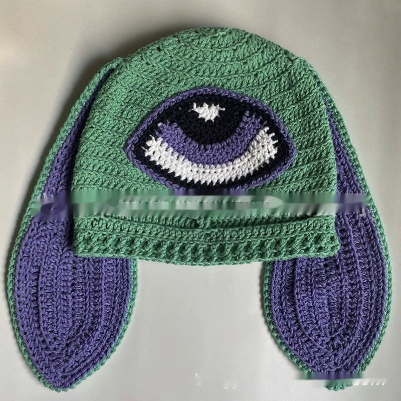 Chapeau d'oreille de lapin tricoté fait main Masque exposé à un oeil Masque Horn Hat Thermique et W
