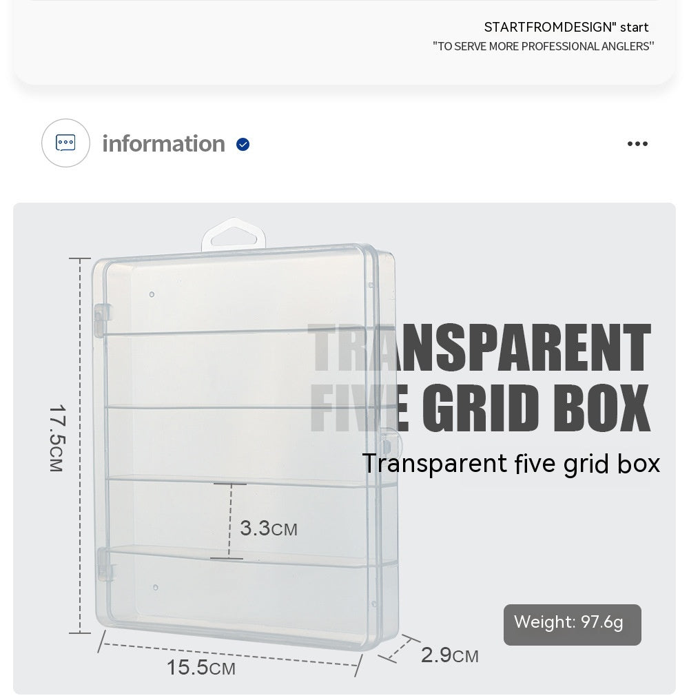 Luya Cinq Grid Transparent PP boîte de matériel de pêche en plastique