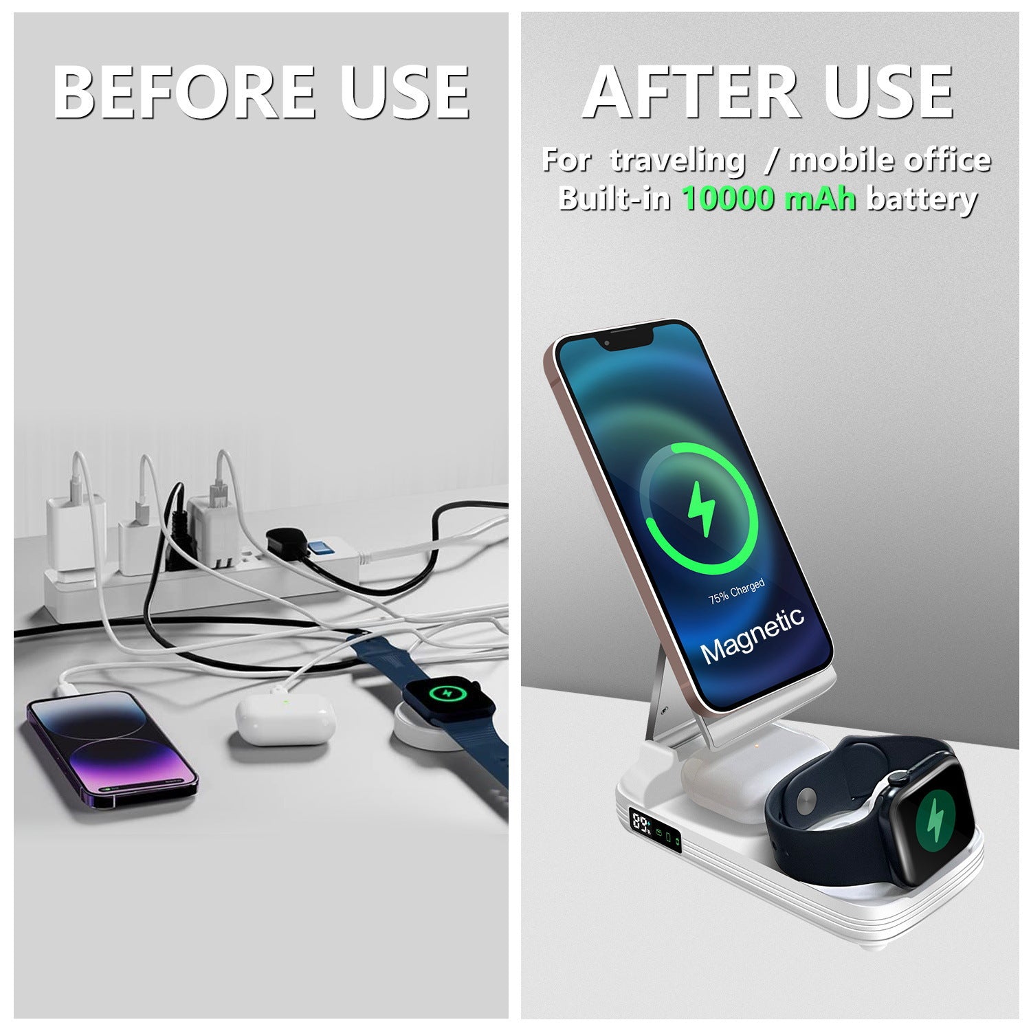 Trois-en-un Magsafe sans fil charge rapide pliant téléphone mobile magnétique Bracket vertical
