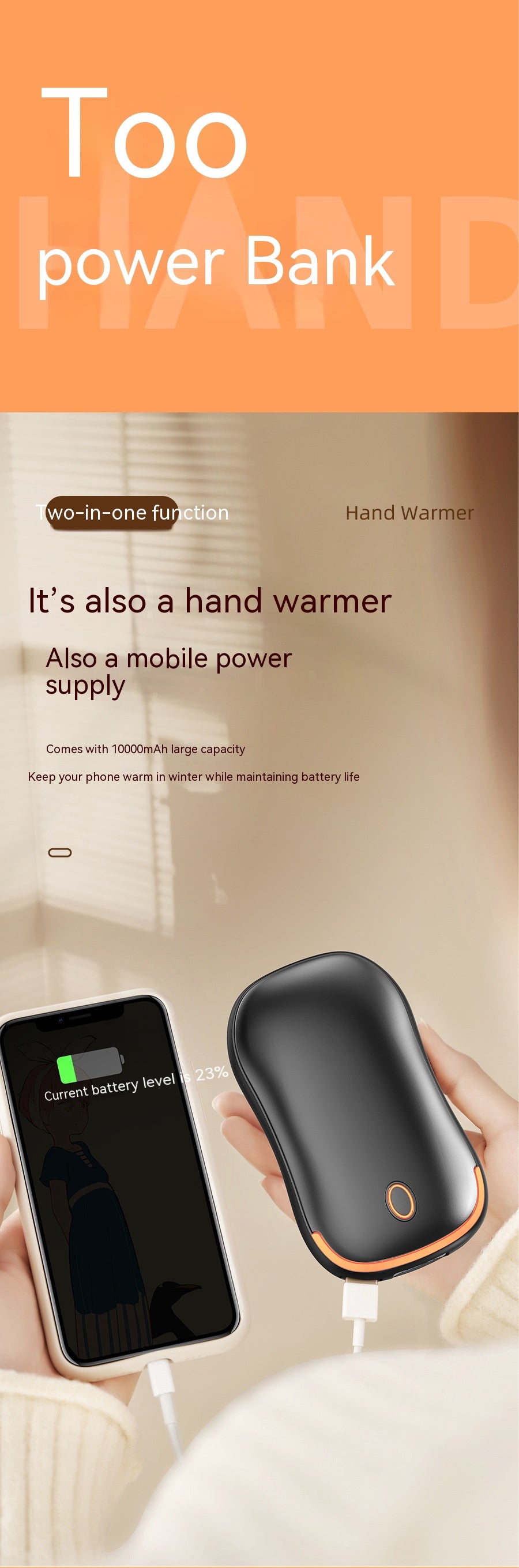 Power Bank Hand Warmer Affichage numérique Régulateur de température Double face chauffant Pad
