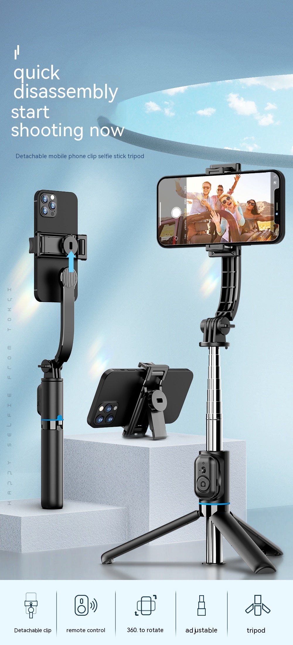 Support de bureau amovible Multifonctionnel Bluetooth Selfie Stick
